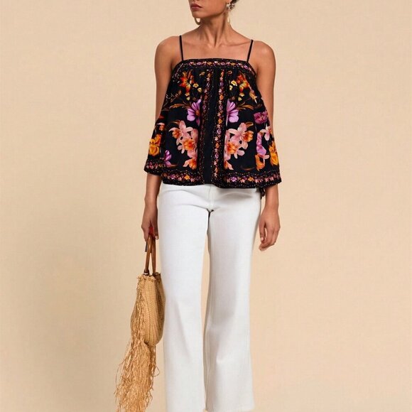 Black Boho Women's Floral Print Loose Camisole Tank Top - Picture 6 of 6